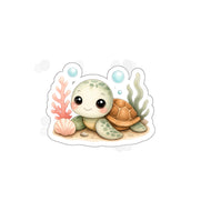 Cute Sea Turtle Die-Cut Sticker — Kawaii Ocean Turtle with Shell, Seaweed & Shell Accent