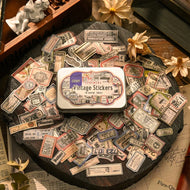 100 pieces Vintage Stickers with Metal Box Junk Journal Ephemera Decorative Album Ticket Label Stickers Scrapbooking Material