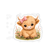 Cute Highland Cow Sticker — Adorable Calf with Pink Bow, Floral Die-Cut Sticker for Laptops & Gifts
