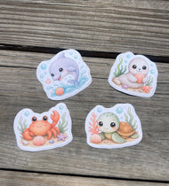 Cute Coastal Sea Life Sticker Pack – Waterproof Vinyl Dolphin, Turtle, Crab & Seal Stickers