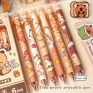 Cute Capybara Gel Pens - 6Pcs Kawaii Quick-Drying Blue Erasable Pen Set for Office, School & Aesthetic Stationery
