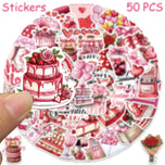 50pcs Valentine‘s Day Cake Flower Stickers Decals For Laptop Scrapbook Skateboard Helmet Guitar DIY Cartoon Aesthetic Stickers