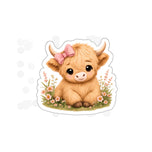 Cute Highland Cow Sticker — Adorable Calf with Pink Bow, Floral Die-Cut Sticker for Laptops & Gifts