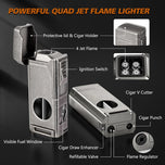 Scotte Cigar Lighter 4 Jet Flame,Refillable Butane Lighter with Cigar Cutter V Cut Cigar Punch Cigar Holder Cigar Draw Enhancer