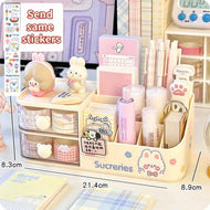 Ins Kawaii Desk Organizer Storage Box Cute Bear Handle Drawer Stationery Pen Holder Sticky Note Tape Storage Box Organizer Rack