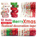 12 rolls/box, delicate Christmas pattern bronzing washi tape, suitable for holiday party DIY greeting card gift box decoration