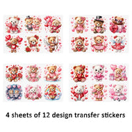 4pcs Valentines Day Teddy Bear Hearts Love DIY UV DTF Rub On Glass Cup Wrap Transfer Sticker Crafts Mug Greeting Cards Decor