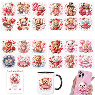 4pcs Valentines Day Teddy Bear Hearts Love DIY UV DTF Rub On Glass Cup Wrap Transfer Sticker Crafts Mug Greeting Cards Decor